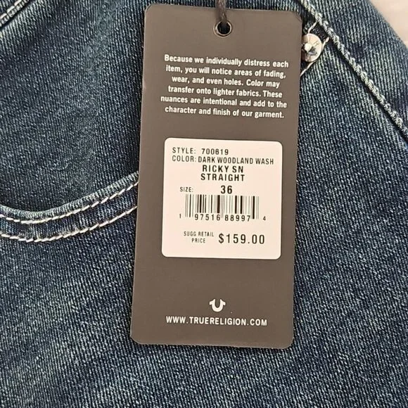 True Religion Ricky Jeans Men's 36x34 Med Wash Relaxed Straight Leg NEW NWT
